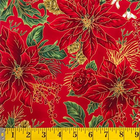 hancock fabrics red and white pointsettias with gold metallic fabric|Christmas Fabric by the Yard .